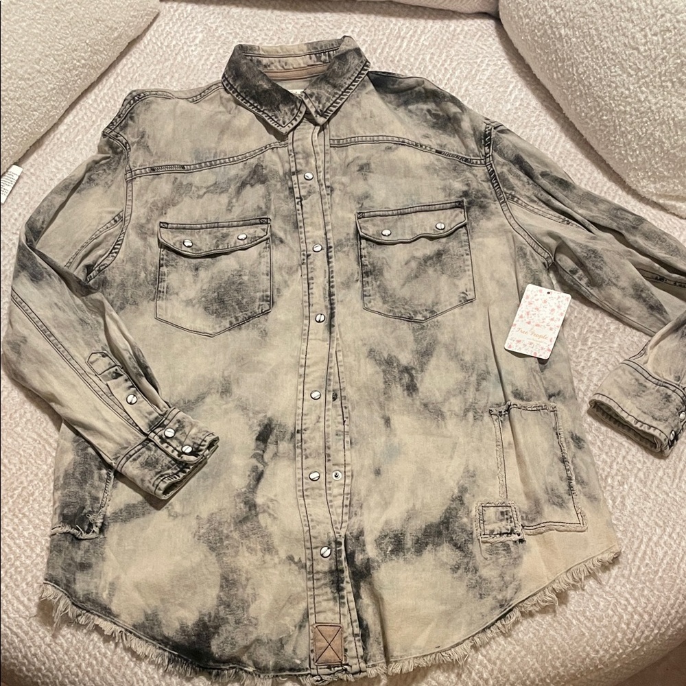 Free People Black and Cream Denim Shirt